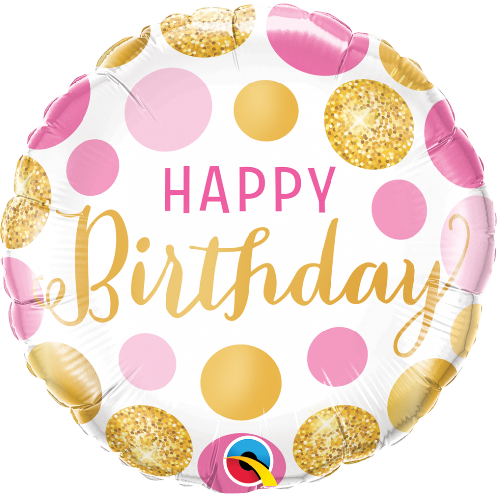 Balon foliowy okrągły złoto różowe grochy - Happy Birthday 18" QL
