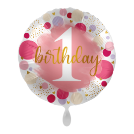 Balon foliowy okrągły "1 birthday" różowy roczek