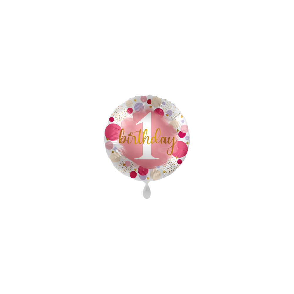 Balon foliowy okrągły "1 birthday" różowy roczek