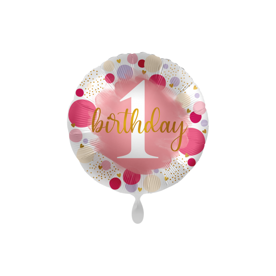 Balon foliowy okrągły "1 birthday" różowy roczek
