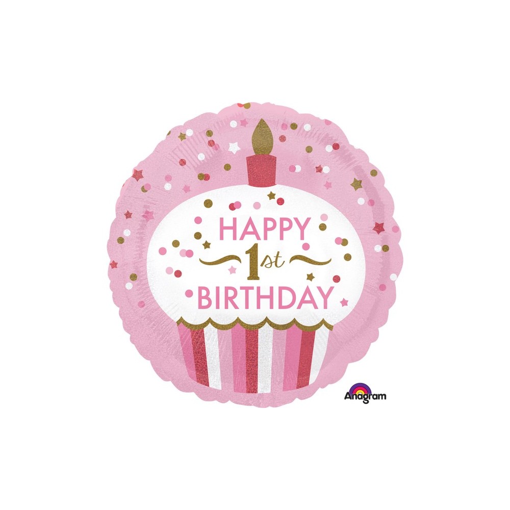 Balon foliowy okrągły babeczka "Happy 1 st Birthday" różowy roczek