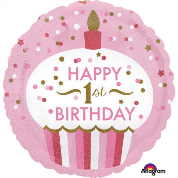 Balon foliowy okrągły babeczka "Happy 1 st Birthday" różowy roczek