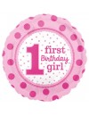 Balon foliowy okrągły "1first Birthday girl" różowy roczek