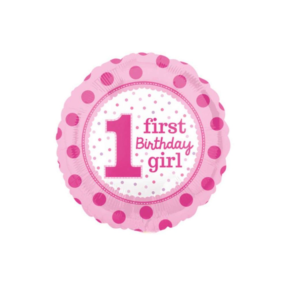 Balon foliowy okrągły "1first Birthday girl" różowy roczek