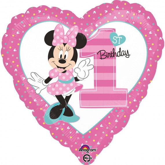 Balon foliowy serce Myszka Minnie "1st Birthday" różowy roczek