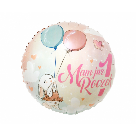 Balon foliowy okrągły "Mam już Roczek 1" różowy roczek