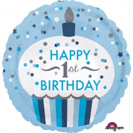 Balon foliowy okrągły babeczka "Happy 1 st Birthday" niebieski roczek