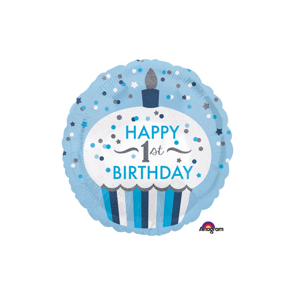 Balon foliowy okrągły babeczka "Happy 1 st Birthday" niebieski roczek