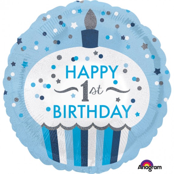 Balon foliowy okrągły babeczka "Happy 1 st Birthday" niebieski roczek