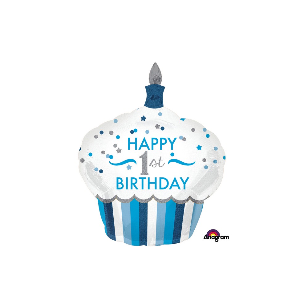 Balon foliowy babeczka "Happy 1 st Birthday" niebieski roczek