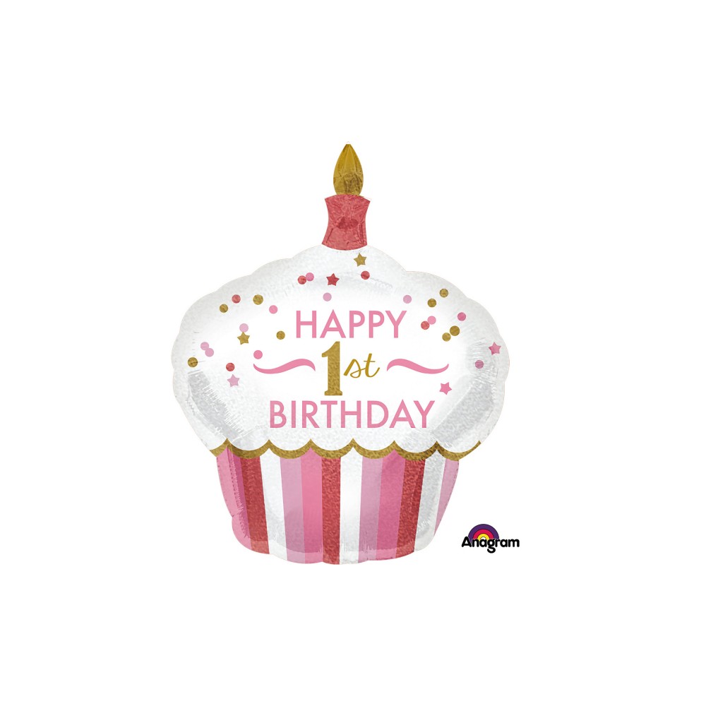 Balon foliowy babeczka "Happy 1 st Birthday" różowy roczek