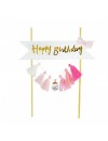Topper na tort Happy Birthday frędzelki, różowy / biały / złoty