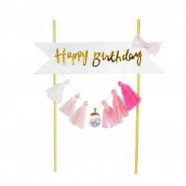 Topper na tort Happy Birthday frędzelki, różowy / biały / złoty