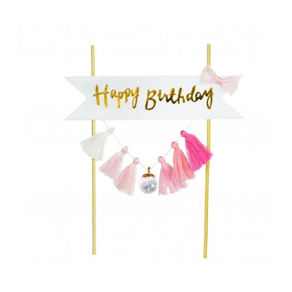 Topper na tort Happy Birthday frędzelki, różowy / biały / złoty