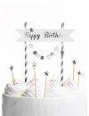 Topper na tort Happy Birthday pomponiki srebrne