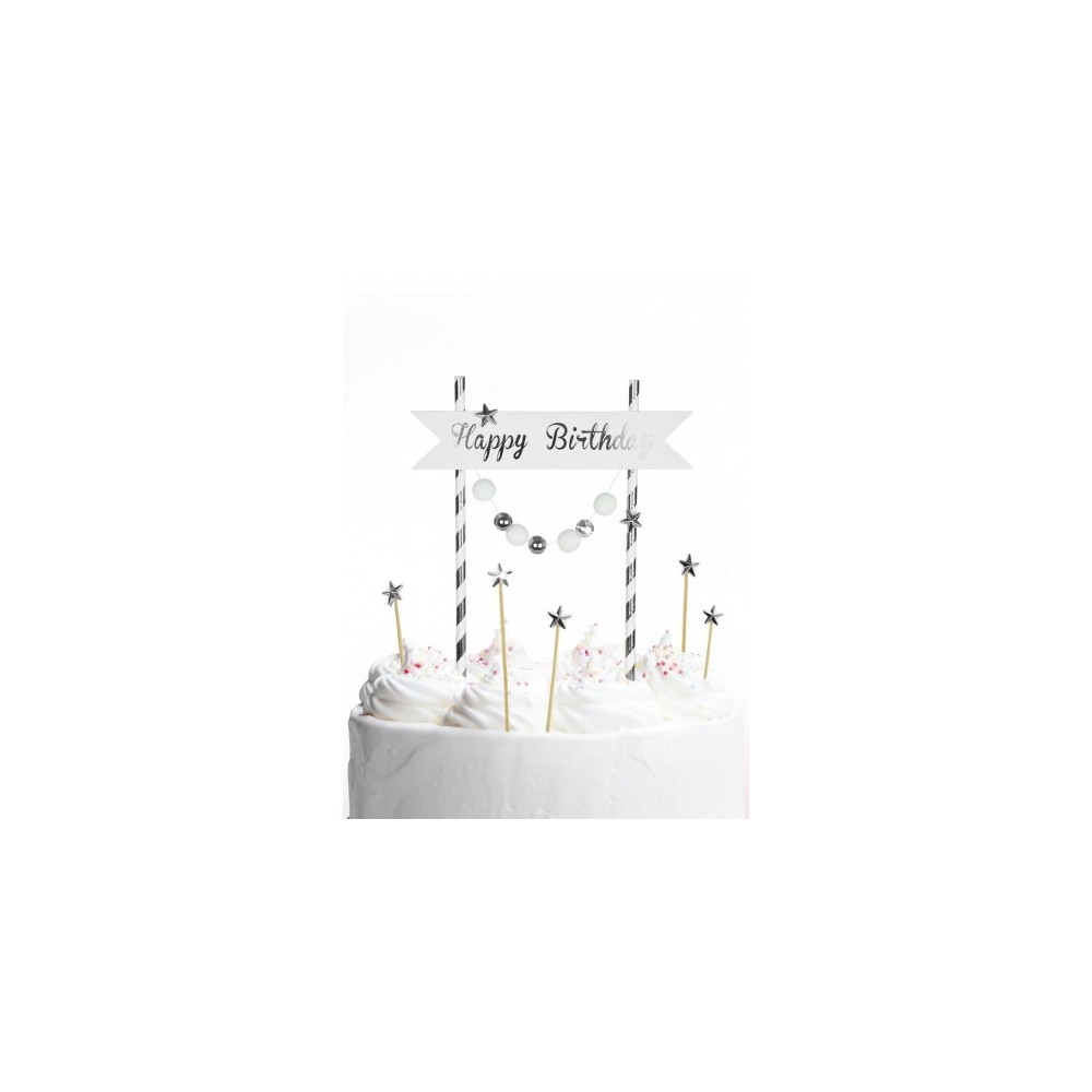 Topper na tort Happy Birthday pomponiki srebrne