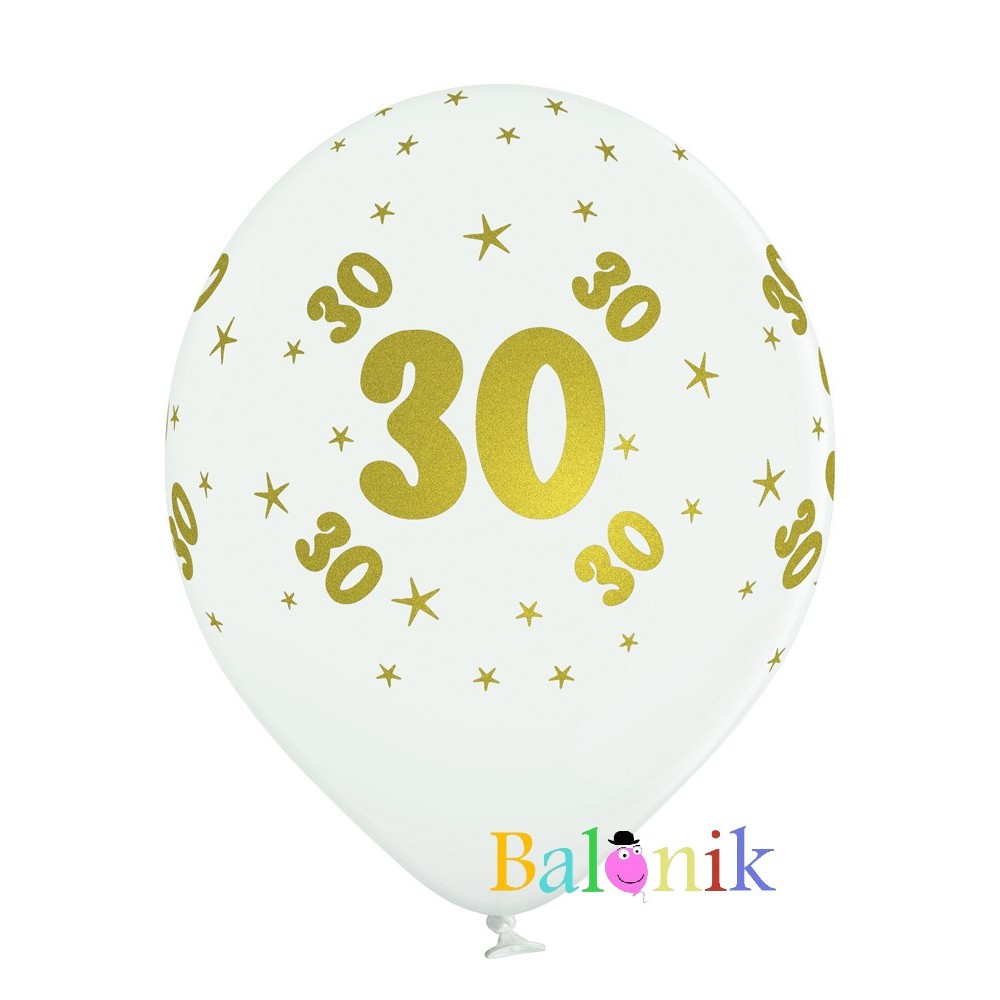 Balon lateksowy biały z nadrukiem - złota 30