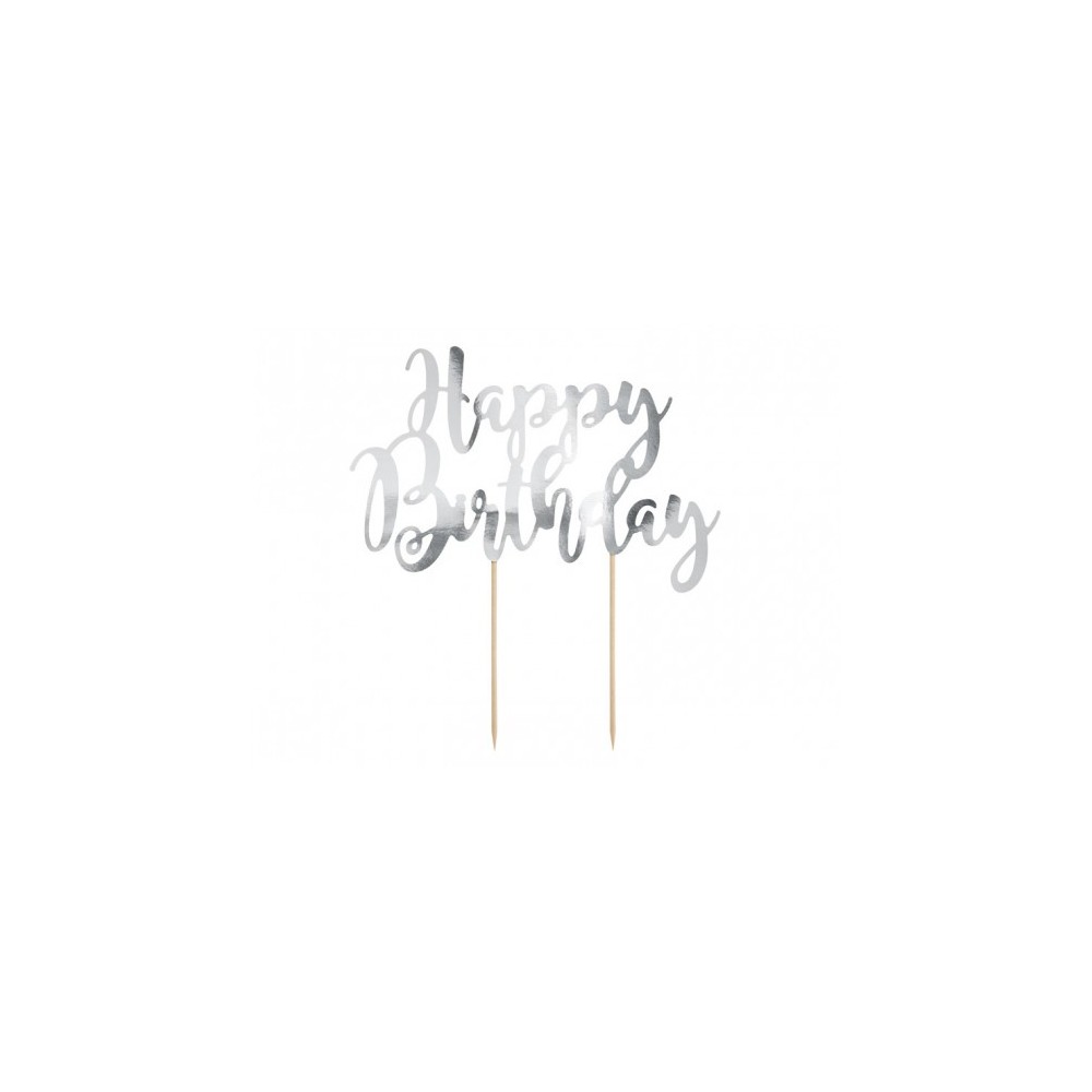 Topper na tort Happy Birthday - srebrny