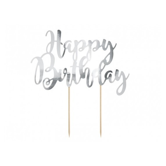 Topper na tort Happy Birthday - srebrny