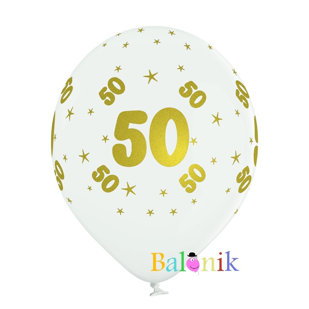 Balon lateksowy biały z nadrukiem - złota 50