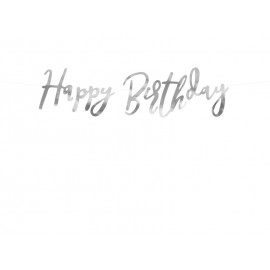 Baner Happy Birthday, srebrny, 16,5x62cm