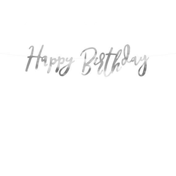 Baner Happy Birthday, srebrny, 16,5x62cm