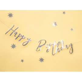 Baner Happy Birthday, srebrny, 16,5x62cm