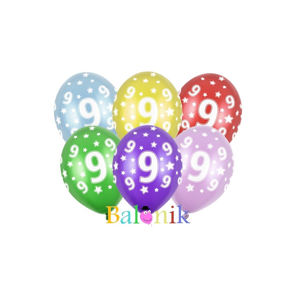 Balon lateksowy mix kolorów z nadrukiem cyfry 9