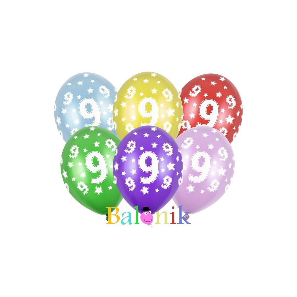 Balon lateksowy mix kolorów z nadrukiem cyfry 9