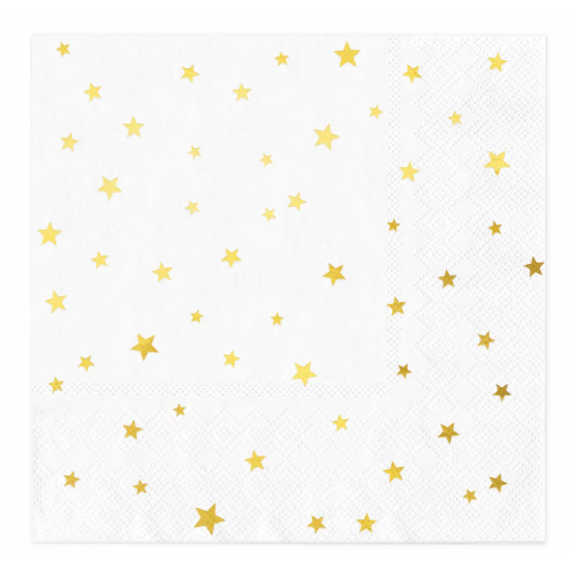 Serwetki złote gwiazdki, białe, 33x33cm