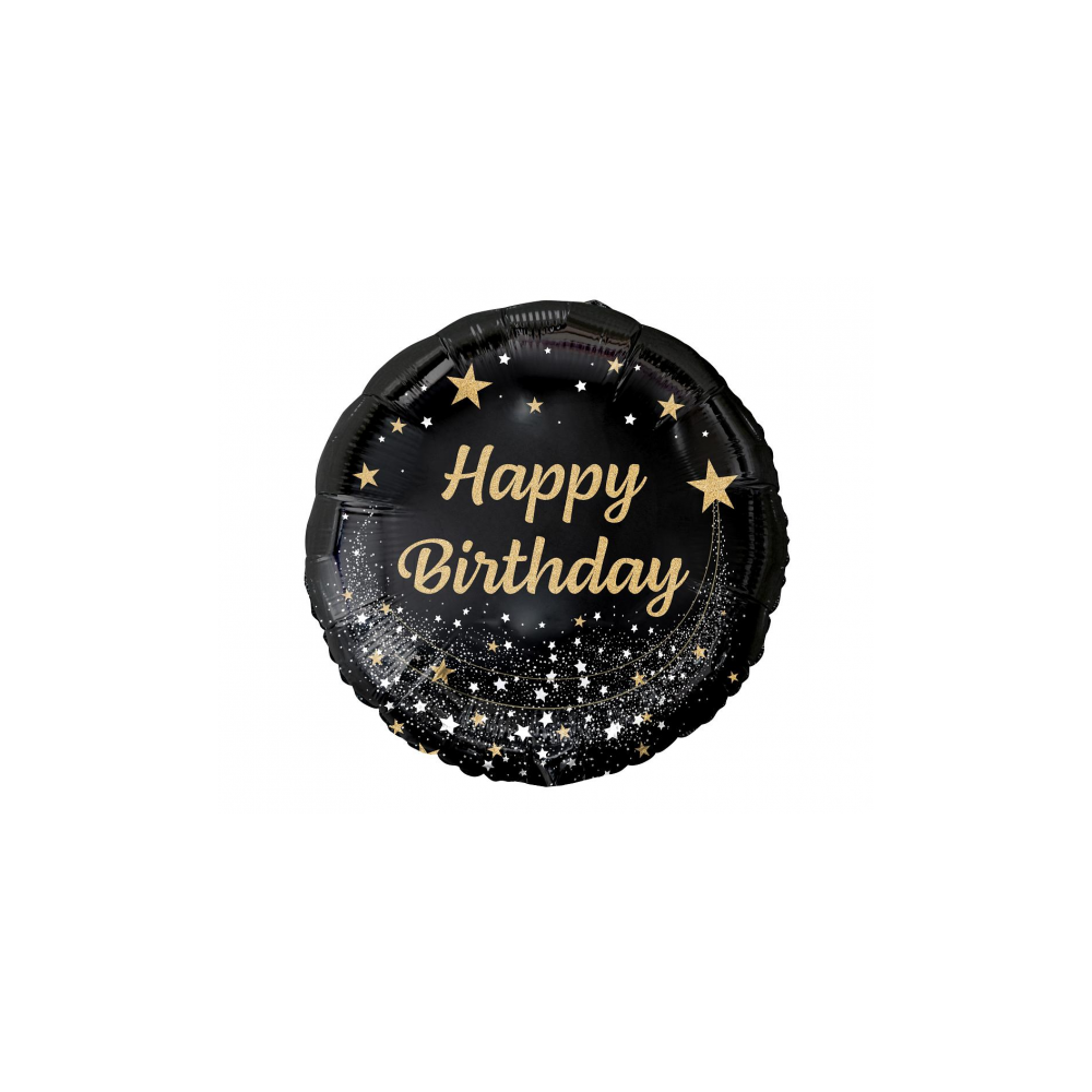 Balon foliowy okrągły "Happy birthday" czarno złoty