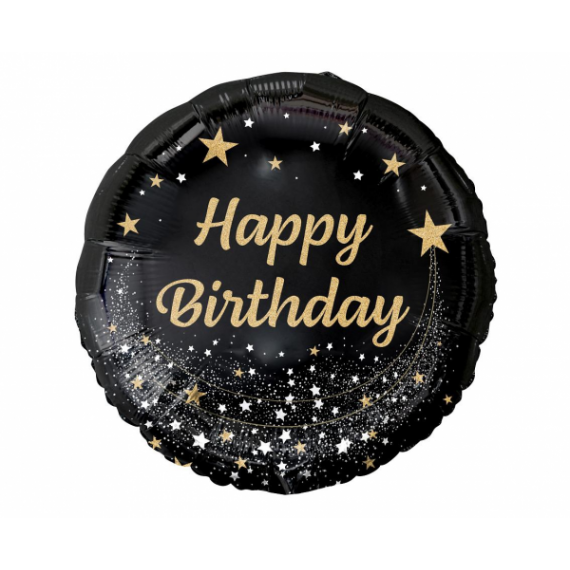Balon foliowy okrągły "Happy birthday" czarno złoty