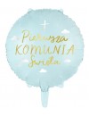 Balon foliowy okrągły Komunia Święta niebieski 45 cm