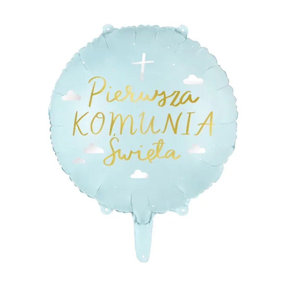 Balon foliowy okrągły Komunia Święta niebieski 45 cm
