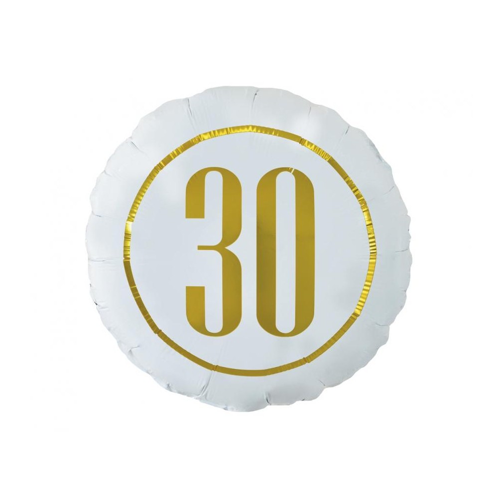 Balon foliowy okrągły "30" biało - złoty