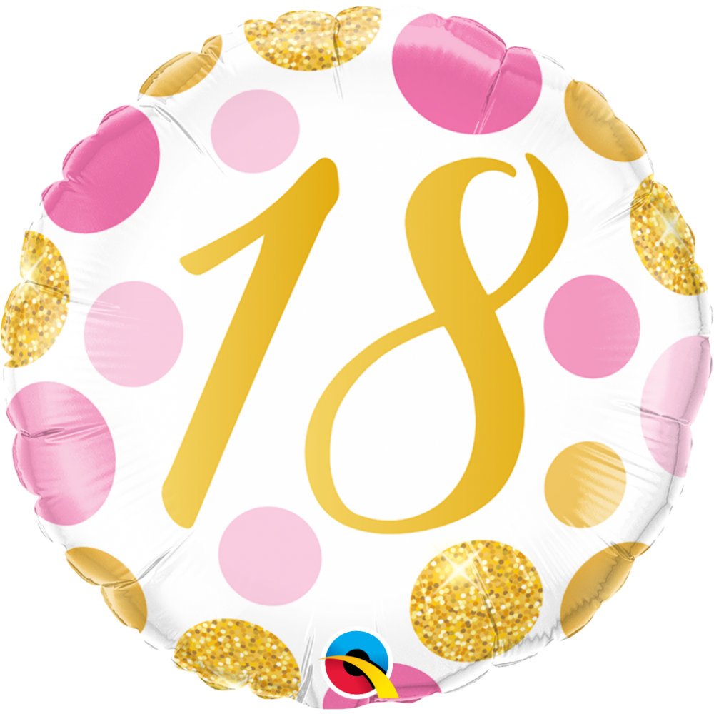 Balon foliowy  kółko 18"QL 18 Urodziny, różowo-złote groszki