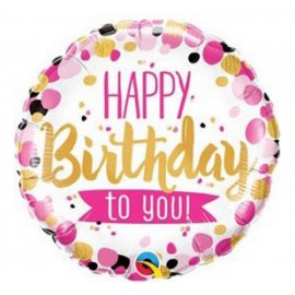 Balon foliowy okrągły - happy birthday to you różowe grochy 18" QL
