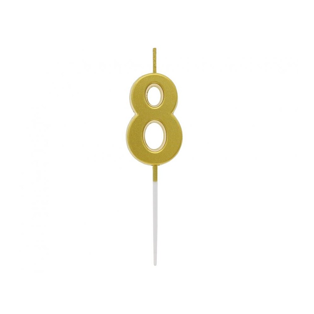 Świeczka piker cyferka 8, metaliczna złota, 9.5x2.3 cm