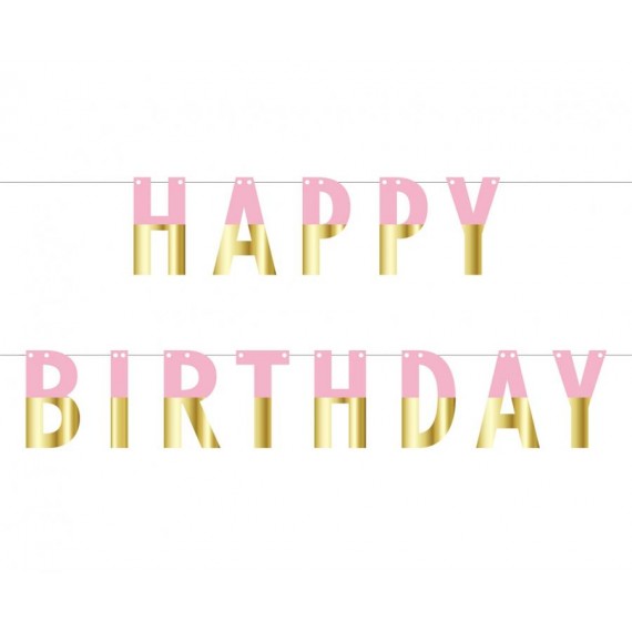 Girlanda papierowa Happy Birthday, różowo-złota, 160 cm