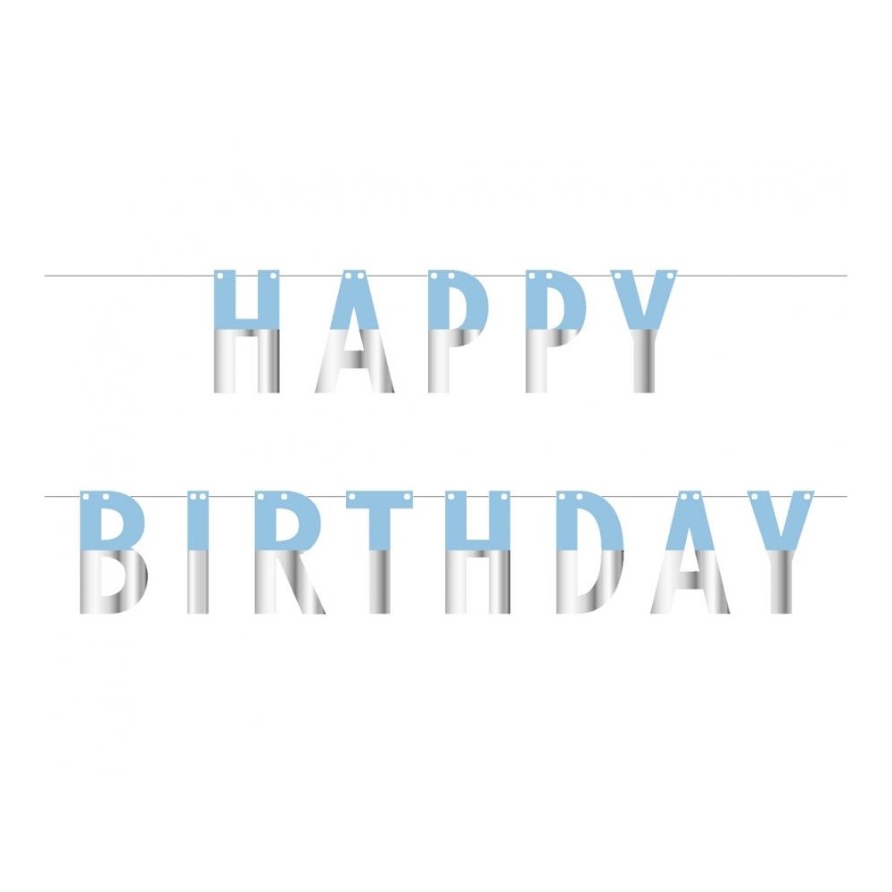 Girlanda papierowa Happy Birthday, niebiesko-srebrna , 160 cm