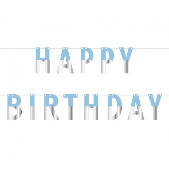 Girlanda papierowa Happy Birthday, niebiesko-srebrna , 160 cm