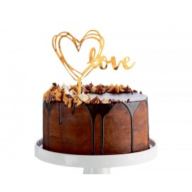 Dekoracja / topper akrylowy na tort Love, złota, 13x10 cm